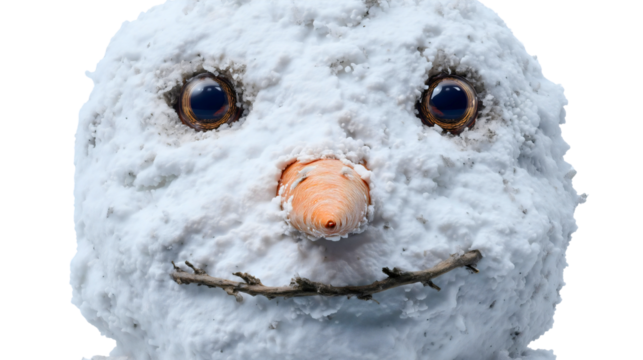 A snowman face with a twig mouth, a happy winter character head with a carrot nose, a frosty Christmas holiday symbol, a cute snow figure close-up portrait.