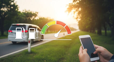 Fuel efficiency concept with car gas station icons and speedometer overlayed on a scenic road with a person using a smartphone representing smart driving and fuel management technology