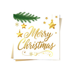 Obraz premium Merry Christmas and Happy New Year background for Greeting cards with tree Branches christmas tree gold paper and gold stars.Merry Christmas vector text Calligraphic Lettering Vector ... See More