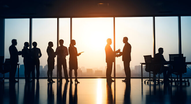 Business people shaking hands in a modern office silhouetted against a cityscape at sunset symbolizing partnership and success