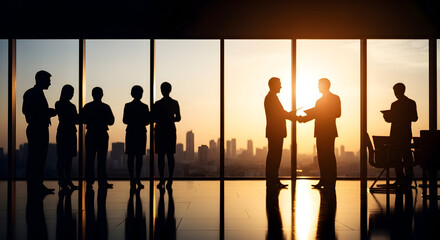 Silhouetted business team in a modern office shaking hands with a cityscape view symbolizing partnership and success