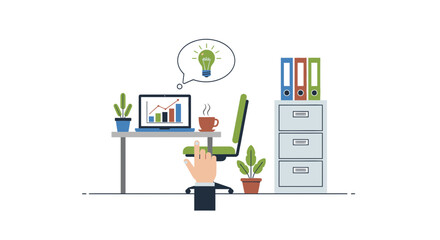 Dynamic workspace showcasing business growth and innovative ideas with modern desk, laptop, chart, coffee, and filing cabinet for commercial creativity