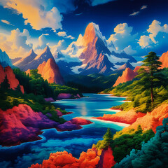 Vibrant Fantasy Mountain Landscape with River, Colorful Rocks, and Dramatic Sunset Sky.