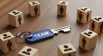 Team building concept with wooden blocks featuring diverse people icons and a key with a "Team" tag symbolizing unlocking potential and collaboration for success in business