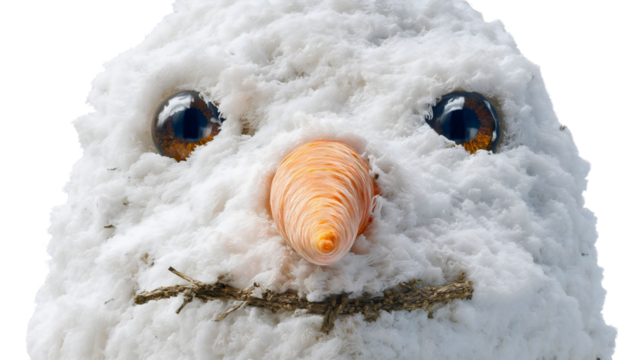 A close-up of a snowman head with a carrot nose, a cute winter holiday character face, a frosty Christmas decoration symbol, a happy snow figure portrait.