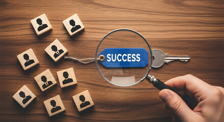 Hand holding a magnifying glass over a success tag with wooden blocks and a key on a wooden table symbolizing career success finding the right candidate and unlocking potential for growth