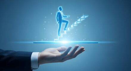 Hand presents a holographic businessman climbing stairs symbolizing career growth and success in a futuristic technologydriven business environment with a focus on innovation and achievement
