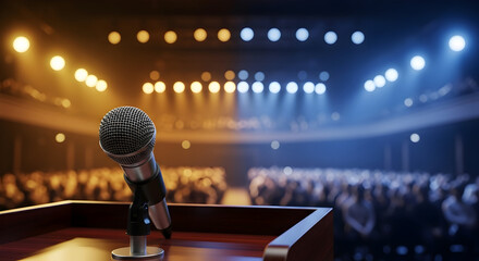 Microphone on a podium stage lights illuminate the auditorium capturing a public speaking event