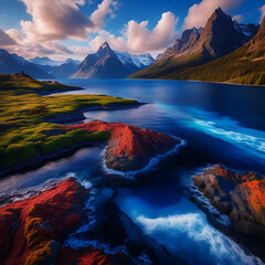 Vibrant Fantasy Mountain Landscape with River, Colorful Rocks, and Dramatic Sunset Sky.
