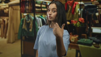 Woman with hand extended palm forward in clothing store building wearing blue t shirt and showing stop gesture; confidence boundary.