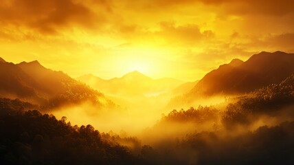 Breathtaking Sunrise Over Misty Mountain Range with Golden Sky