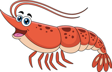 PrintCute cartoon shrimp character with smiling face, vibrant red body, playful ocean mascot illustration, fun seafood design for children and educational projects