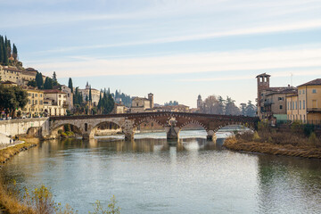 The Ponte Pietra bridge over the Adige River in Verona, Italy, and part of the city