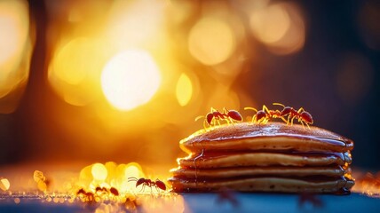 Sunny Morning Feast: Ants on Syrup-Drenched Pancakes
