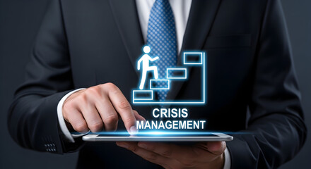 Businessman using tablet for crisis management strategy and planning showing steps to success and problem solving in corporate finance and leadership development for business growth and recovery