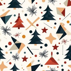 Abstract Geometric Christmas Pattern with Trees and Festive Icons Seamless