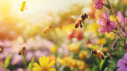 Vibrant Springtime Honeybees Pollinating Colorful Flowers in Sunlight