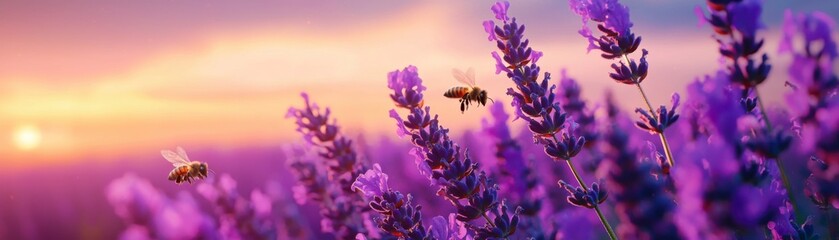 Lavender Field at Sunset with Honeybees Pollinating