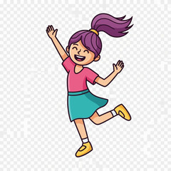 Cartoon girl with purple hair jumping with joy and excitement.