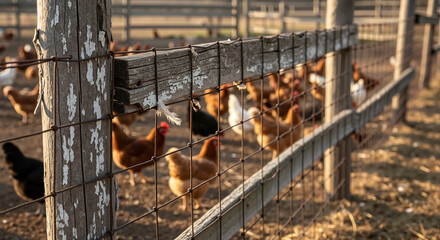 Chickens walking near a rustic wooden fence on a farm