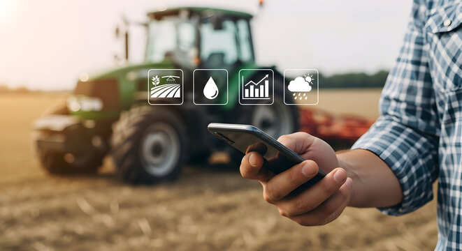 Farmer uses a smartphone with agricultural technology icons overlayed showing crop management irrigation growth tracking and weather forecasting in a field with a tractor in the background