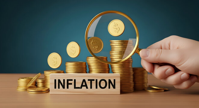 Inflation concept with gold coins and magnifying glass illustrating financial analysis and economic trends highlighting investment strategies and wealth management in a challenging market scenario