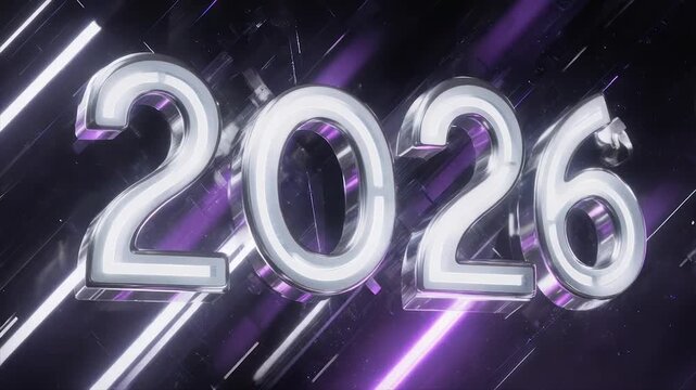 Shiny silver 2026 numbers with white glowing outlines and angled purple/white lines