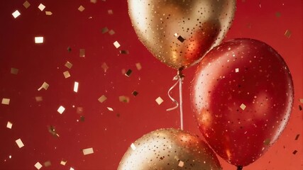 Three decorated balloons in red and gold against a gradient red background with confetti - Powered by Adobe