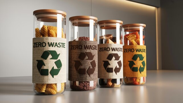 The image features four glass jars labeled "ZERO WASTE" containing various types of pasta, promoting sustainable and eco-friendly practices.