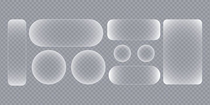Collection of liquid glass button interface translucent rounded shapes with subtle light effects on a transparent background