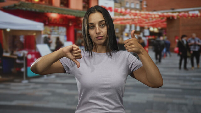 Young hispanic woman shows thumbs up and thumbs down with bare hands and smiling face on a busy street market with lanterns and pedestrians; ambivalence choice.