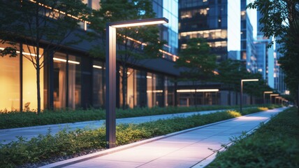 A modern urban walkway lined with sleek streetlights and greenery, showcasing a contemporary architectural environment at dusk.
