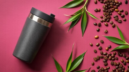 A sleek black coffee tumbler surrounded by green leaves and coffee beans on a vibrant pink background.