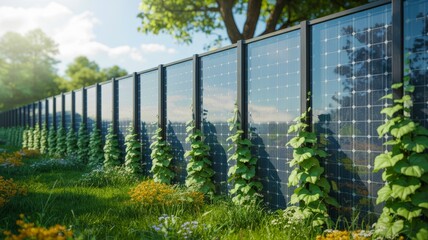 A vibrant solar panel installation surrounded by lush greenery and flowers, showcasing a balance between technology and nature.
