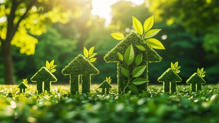 A serene scene featuring green, leafy houses made of grass, symbolizing eco-friendly living and nature's harmony.