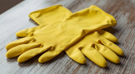 Rubber gloves neatly placed on table with wooden background  