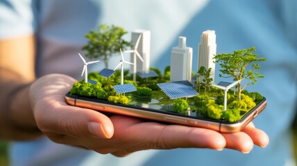 A hand holds a smartphone displaying a miniature green cityscape with solar panels, wind turbines, and lush vegetation, symbolizing sustainable technology and urban development.