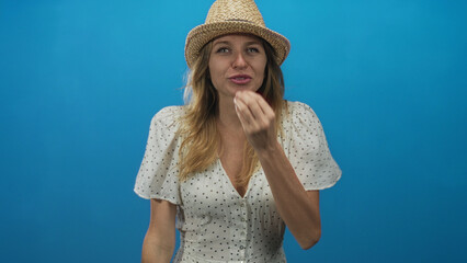 Woman in straw hat and polka dot dress with fingers to lips for chef kiss in studio blue set  satisfaction savoring. © Krakenimages.com
