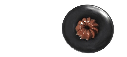 Chocolate Pudding Dessert Dish on a Black Plate. Food Photography Presentation. Isolated on White Background