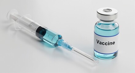 Filled syringe beside glass vaccine vial on white background  