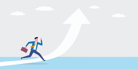 Obraz premium Businessman running upward on a growth arrow towards success