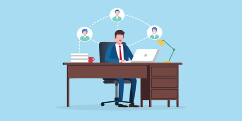 Business professional collaborating remotely with team members