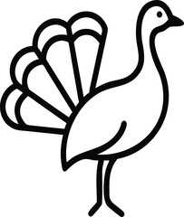 Peacock bird vector outline icon with tail fan on white background