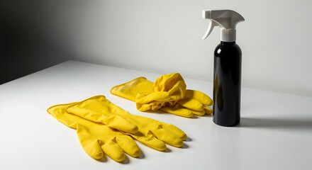 Rubber gloves and spray bottle on white table for cleaning tasks  