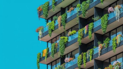 A modern building facade adorned with lush greenery and vibrant flowers, set against a bright blue sky.
