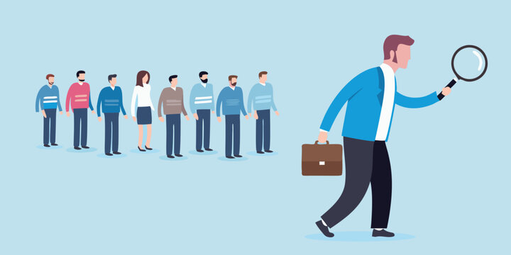 Businessman inspecting a line of people with a magnifying glass