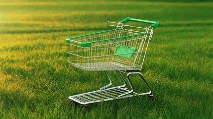 A shopping cart rests on a lush green field, blending urban and natural elements in a striking contrast.
