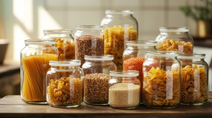 A collection of various pasta types displayed in glass jars, highlighting an organized and appealing kitchen pantry setup.