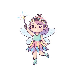 A cute cartoon fairy with wings, a crown, and a magic wand, standing on one leg.
