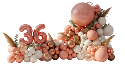 Rose and blush balloon sculpture with decorative numerals (36) for birthday celebrations and milestones

